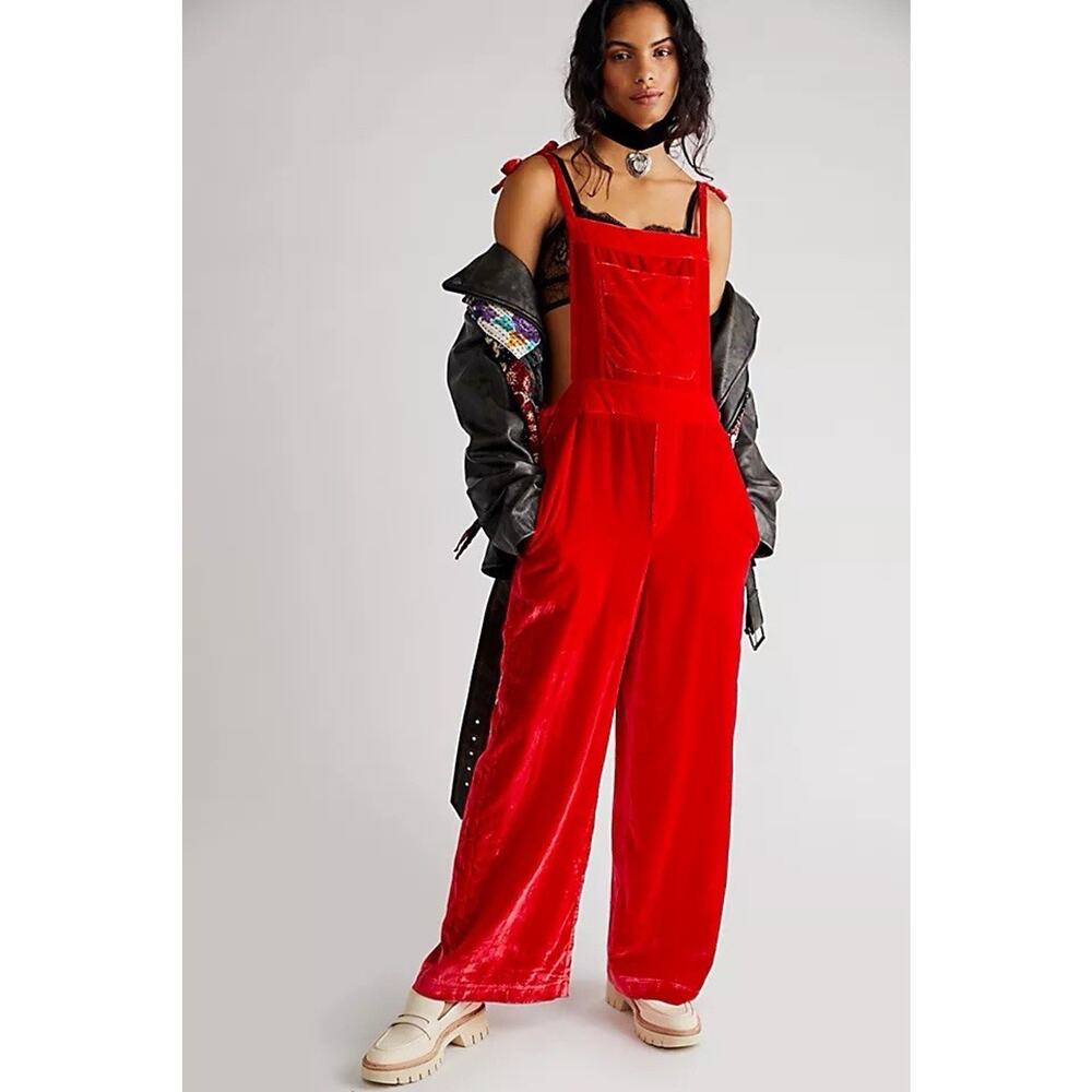 Free People Eva Velvet Overalls Red Wide Leg Jumpsuit XS Bohemian Relaxed Fit